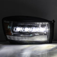 Load image into Gallery viewer, AlphaRex 06-08 Ram 1500HD NOVA LED Proj Headlights Plank Style Alpha Blk w/Seq Signal/DRL/Amber LED