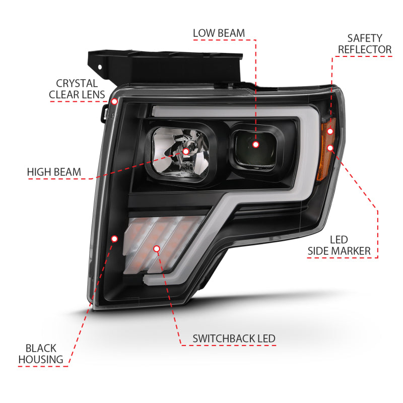 ANZO 2009-2013 Ford F-150 Projector Light Bar G4 Switchback Headlights Black Amber